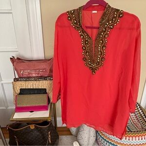 Indian Embroidered Tunic Top | Sheer Red Kurta Style Blouse from India sz S/M